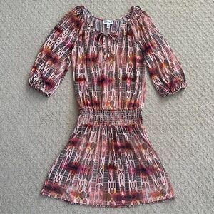 Veronica M Smocked Drop Waist Tribal Print Dress Pink/Orange/Yellow Size XS